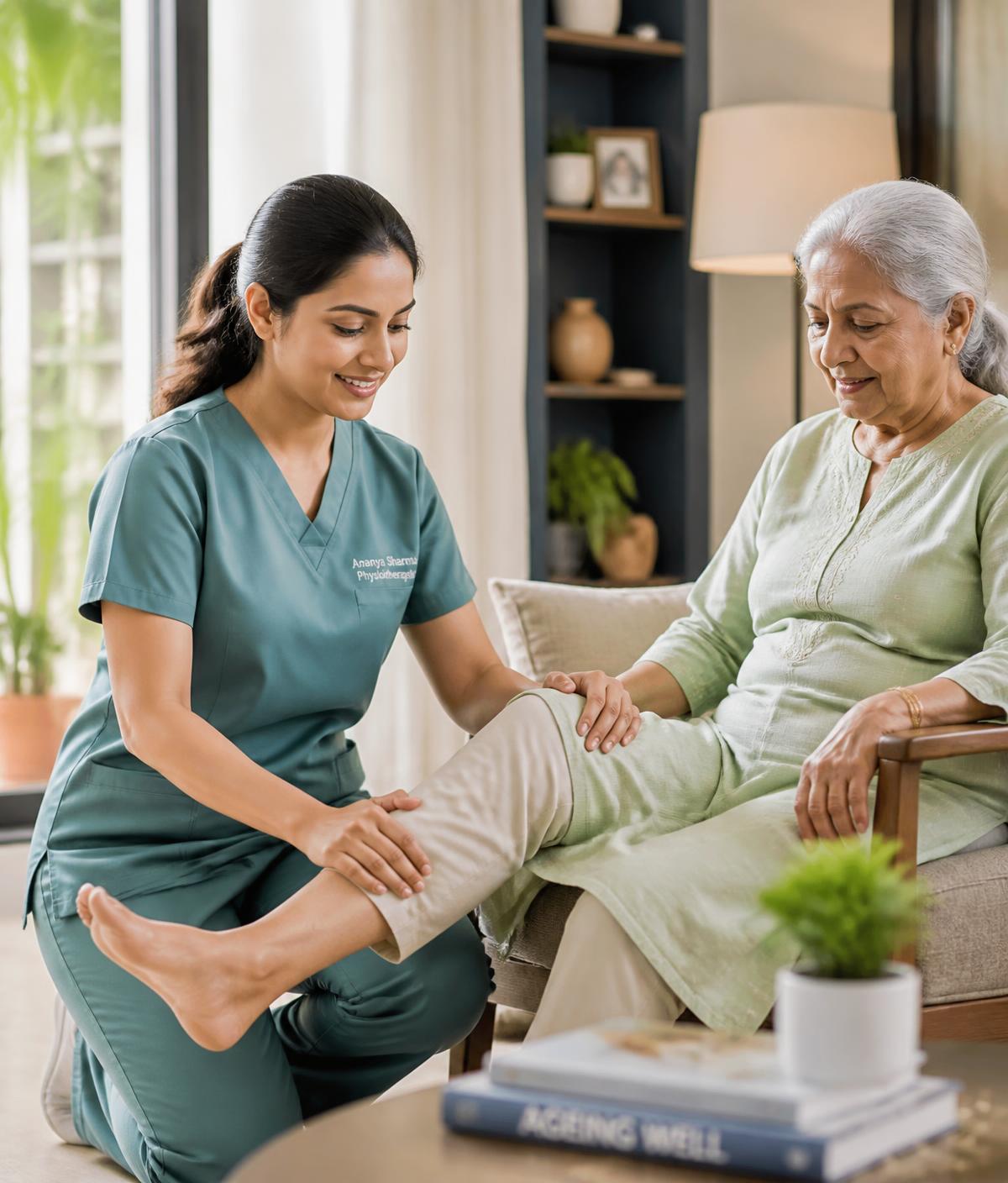 Physiotherapist treating an elderly patient at home in Delhi NCR